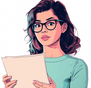 Illustration einer Frau mit Brille und einem Dokument in der Hand, stilisiert in hellen Türkis- und Rosatönen.