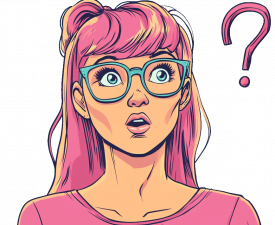 Deine Fragen zur Phishing Simulation – Unsere Antworten: Klärung leicht gemacht! Illustration einer Frau mit pinken Haaren und Brille, die fragend schaut, stilisiert in lebendigen Türkis- und Rosatönen.